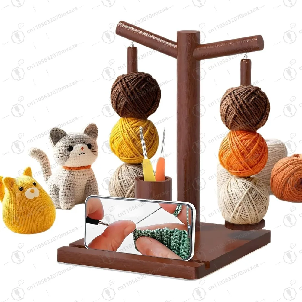 

Yarn Holder for Knitting and Crocheting, 2-Spindle Magnetic Wooden Spinner with Storage Bag and Phone Stand