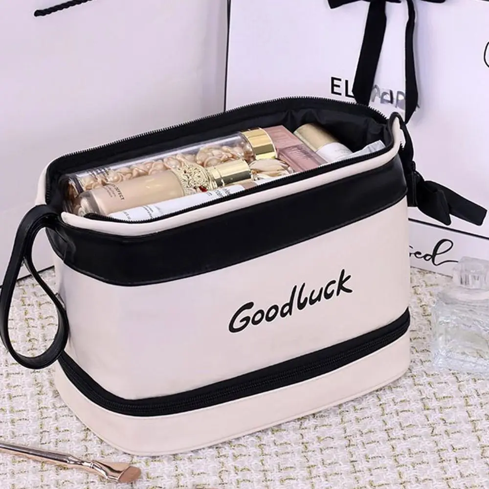 

Multi Functional PU Washing Bag Large Capacity Large Opening Design Makeup Bag Double Layer Toiletry Bag Travel