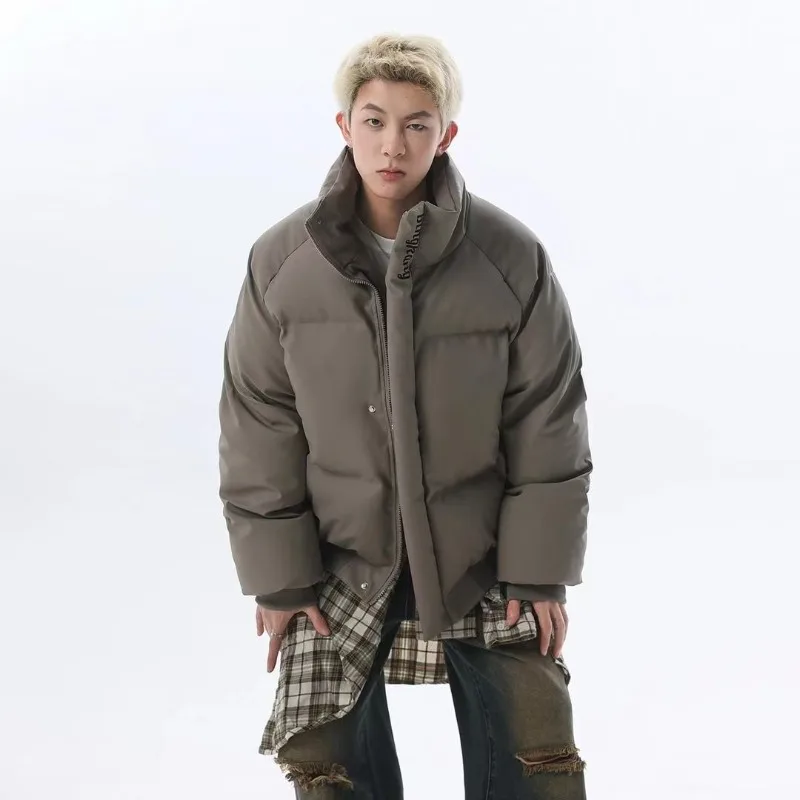 American Sle Thiened Bread Cotton PU Leather Jacket Men's Winter High Street Cool Stand Collar Versatile Long Sleeve Coat Men