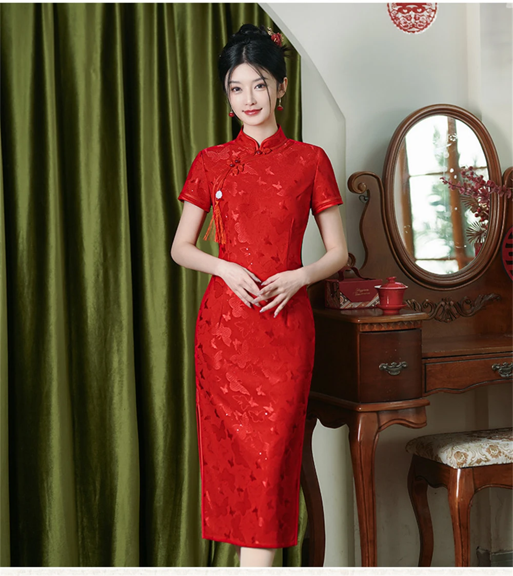 

Summer Retro Print Red Engagement Cheongsam Lady Slim Improved Wedding Banquet Dress Evening Party Gown Oriental Qipao Chinoise