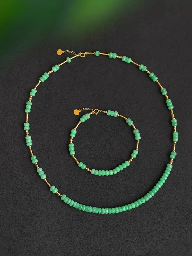 

Natural Jadeite Necklace & Bracelet Set 18K Gold, AAA Apple Green Gemstone Luxury Jewelry, Imperial Grade Chinese Treasure