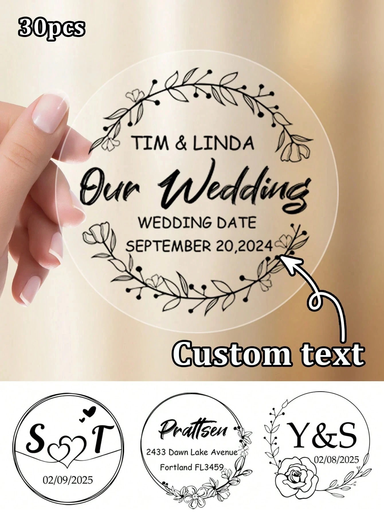 

Свадебные наклейки с золотым тиснением на заказ, персонализированное имя и дата, круглые прозрачные конверты с благодарностью, подарочные коробки, приглашение на годовщину