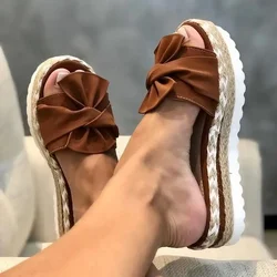 Women Slippers Summer 2023 Platform Wedges Mid Heels Bow Tie Peep Toe Fashion Slides Beach Outdoor Ladies Shoes Zapatos De Mujer