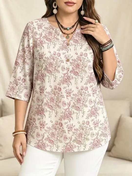 Women 3/4 Sleeve V‑Neck Blouse Button Decor Sunflower Rose Hydrangea Sketch Floral Print Casual Ladies Tops