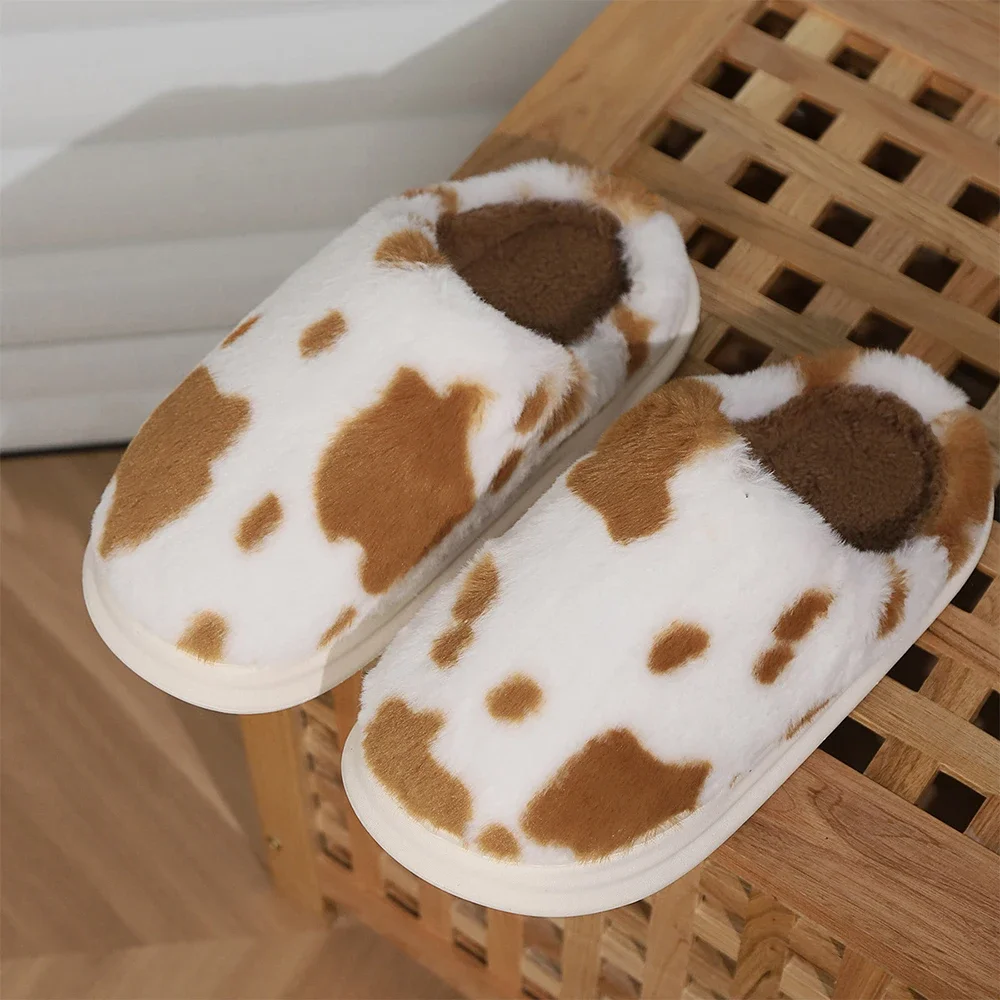 Unisex Winter Warm Home Slippers Cute Cartoon Cow Plush Shoes Cute Winter Fluffy Slippers Flats Warm Casual Slides Home Slipper