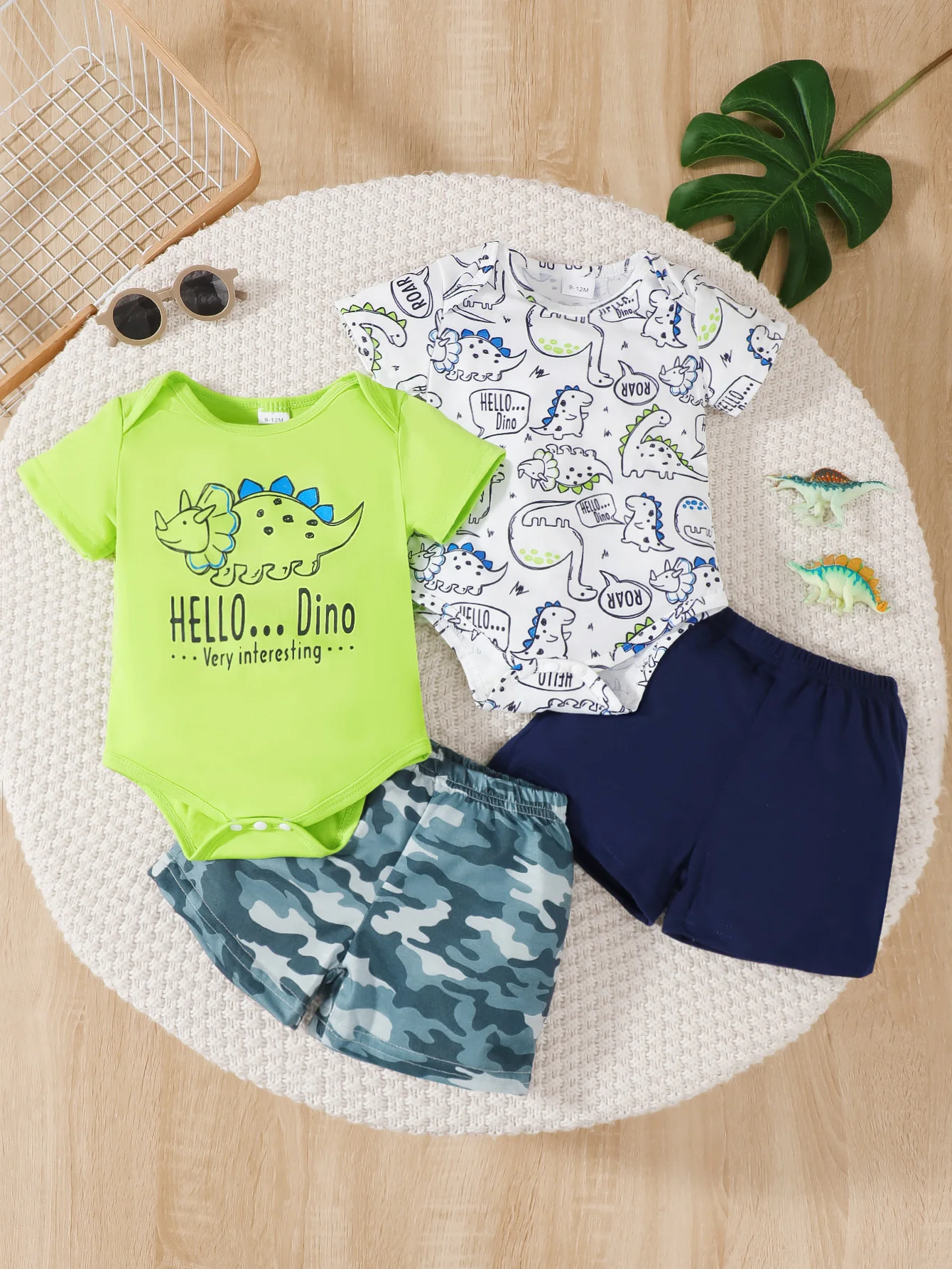 Summer  0-3 Years  Old  Infant Baby Boys Dinosaur  Print  Short-sleeved  And  Shorts  Casual 4-Piece  Set