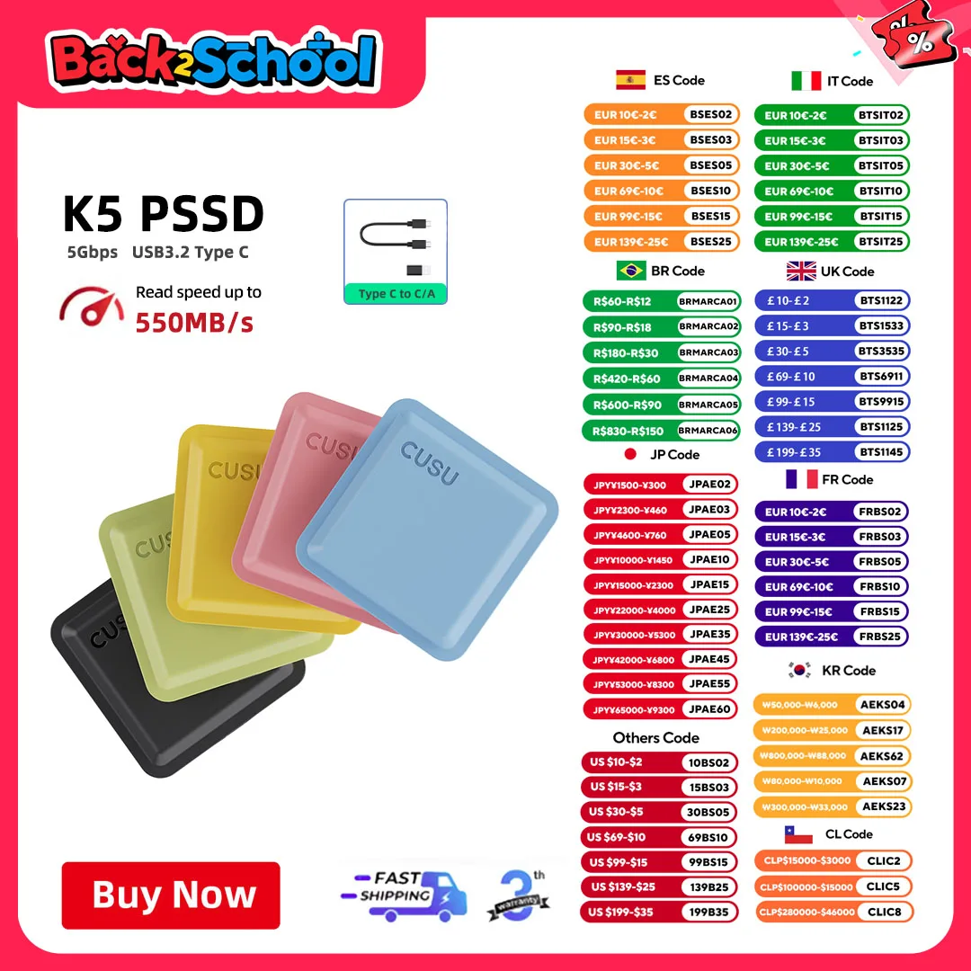 

CUSU 1TB External SSD Drive 512GB Portable SSD 256GB 2TB Solid State Drive Type-C for Phone Laptop