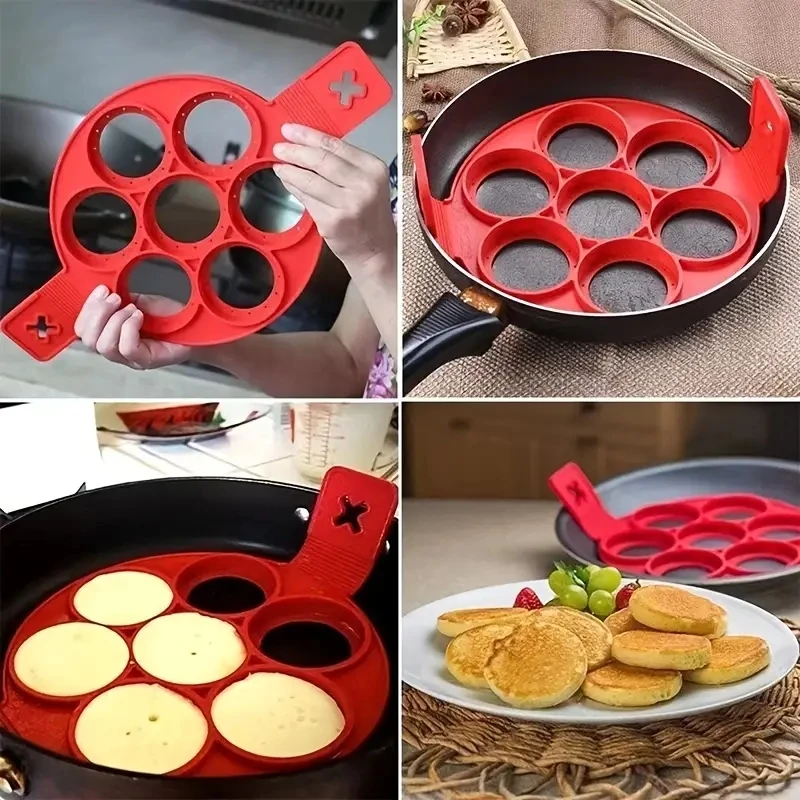 Silikon Antihaft-Backform mit 7 Löchern, Lebensmittelecht, mit Griff, für Spiegeleier, Pfannkuchen, Omeletts, Küchenwerkzeug zum Backen – Detail 1