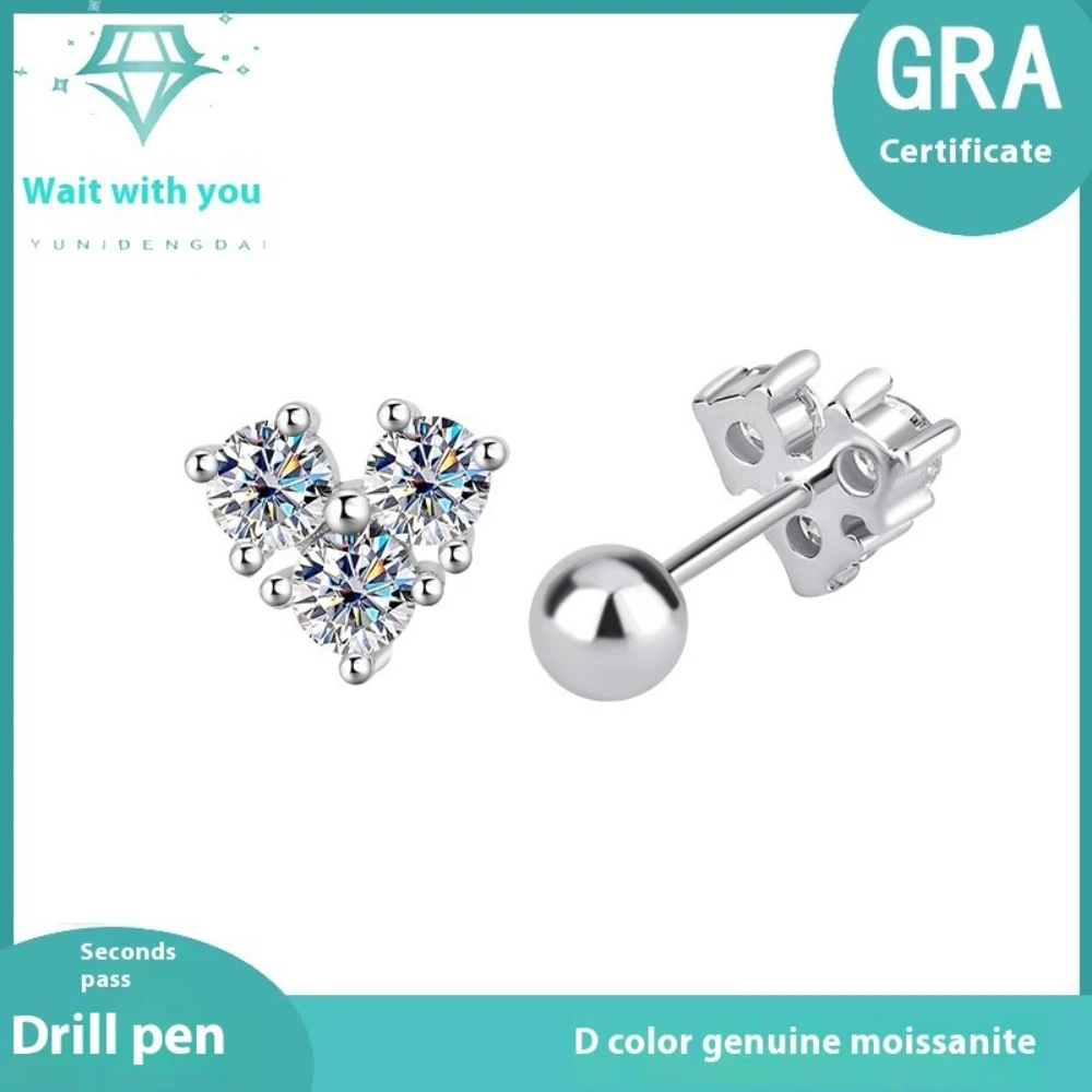

plata 925 New model Love Simplicity Clover Screw Earring Ten-claw inlay three moissanite GRA earrings woman