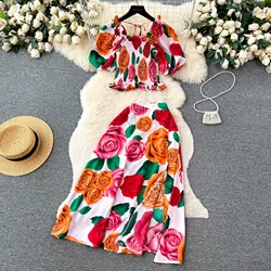 YuooMuoo Women Dress Set Summer Y2K Fashion Print Flowers Crop Tops + Long A-line Skirts Lady Vacation Beach Two Piece Suits