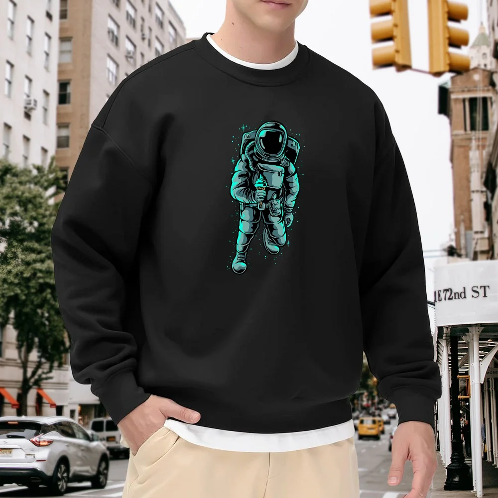 

Men's Black Crewneck Pullover Sweatshirt with Astronaut Print, Loose Fit Top, Street Fashion Casual Versatile, Comfortable and Breathable for Everyday Wear