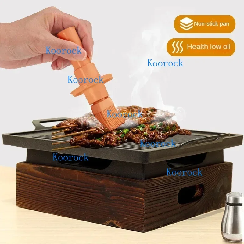 Japanese Korean Style BBQ Grill Pan Stove, Aluminum Alloy Grill Plate Wooden Base, Small Alcohol/Oil Burner, Smokeless