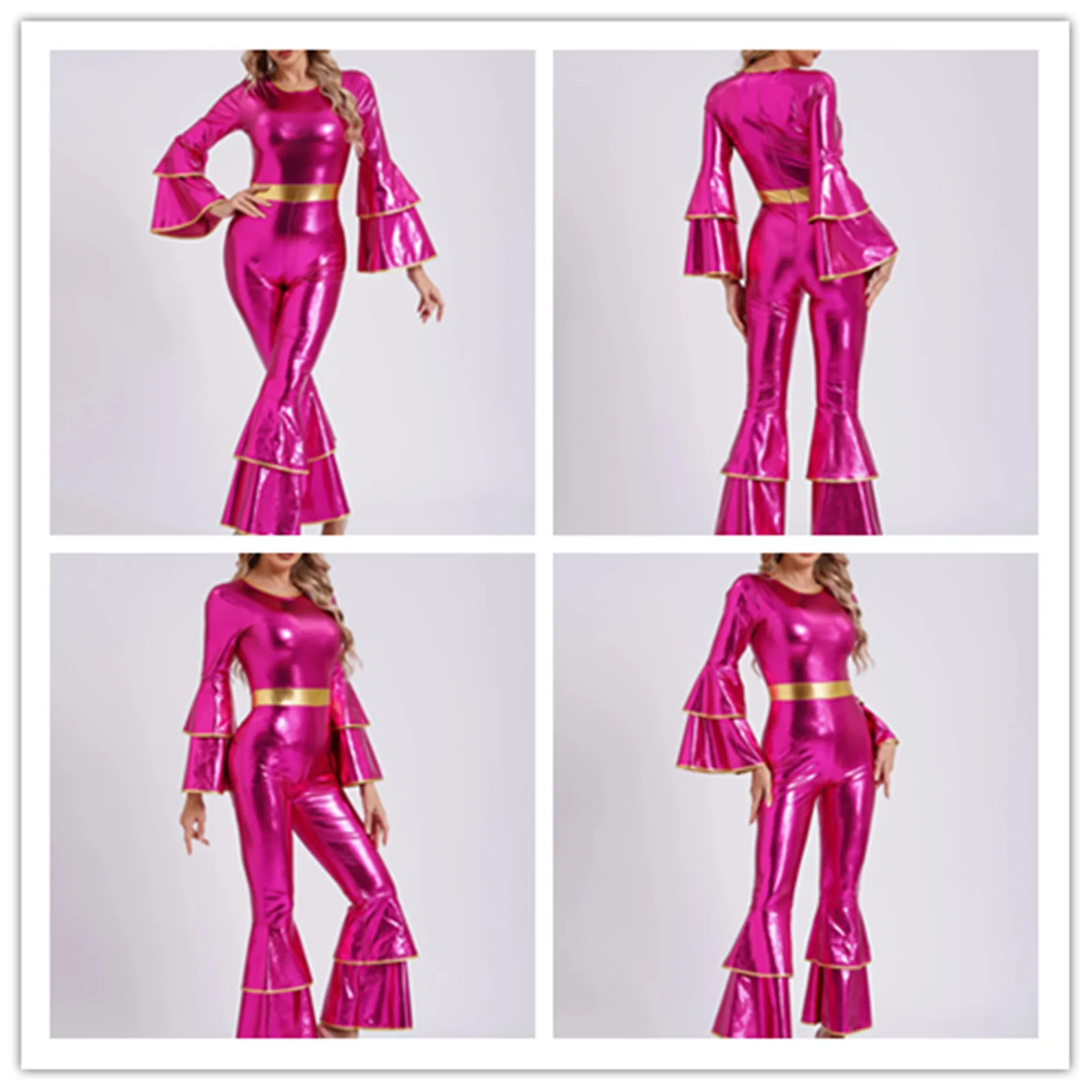 

Womens 70S Disco Metallic Shiny Vintage Jumpsuit Tiered Flare Sleeve Bell Bottom Hippie Romper Rave Hip-hop Jazz Dance Costumes