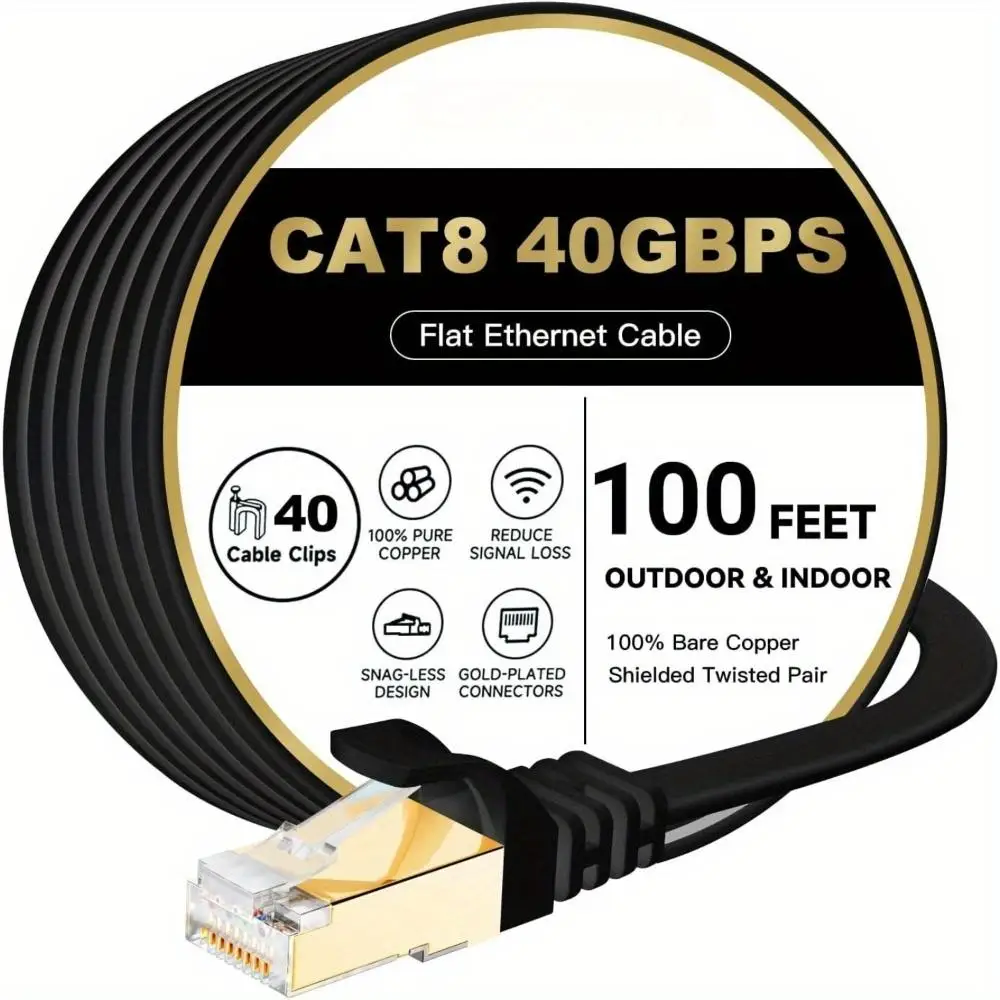 Cat8 Ethernet Cable, Flat Design, Internet Connection Cable, 40Gbps 2000Mhz High-Speed, Patch Cord with Gold-Plated RJ45 Connector, LAN Network Cable for Router/Gaming/Computer, S/FTP
