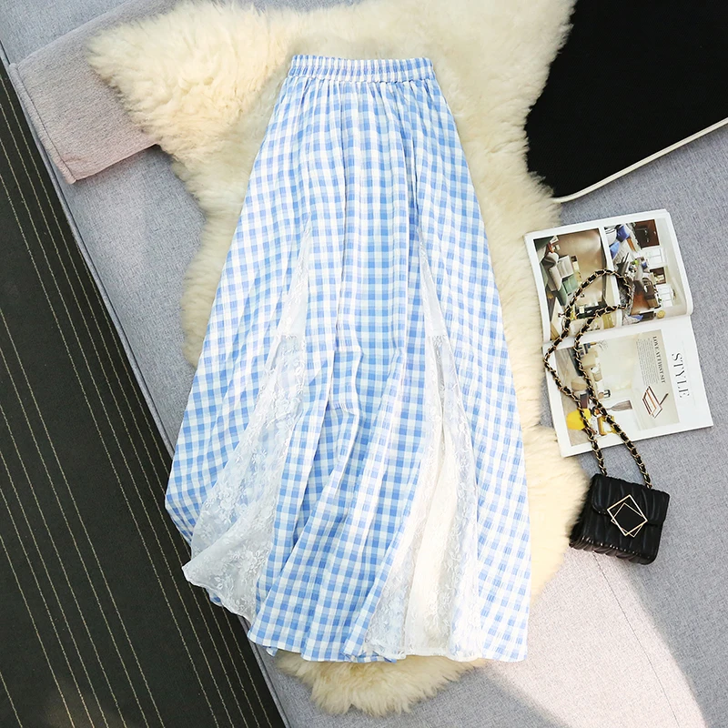 

Lace Plaid Skirt Women Korean Fashion Elastic High Waist A-line Long Skirt Spring/Summer High Quality