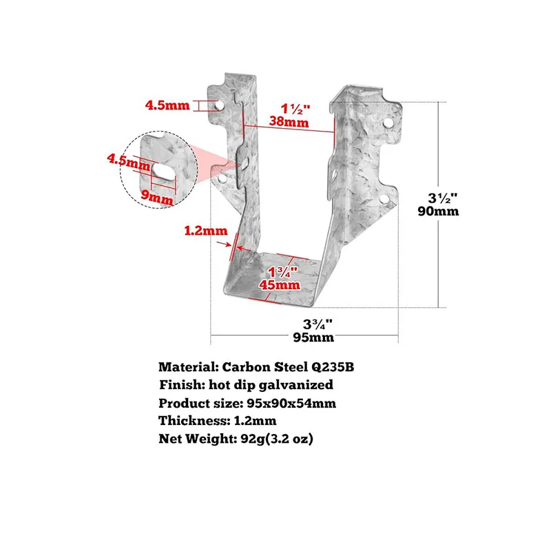 4Pcs Joist Hanger Structural-Connectors Face Mount 2x4 Face Mount Joist Hanger 18 Gauge Joist Dimensional Hangers