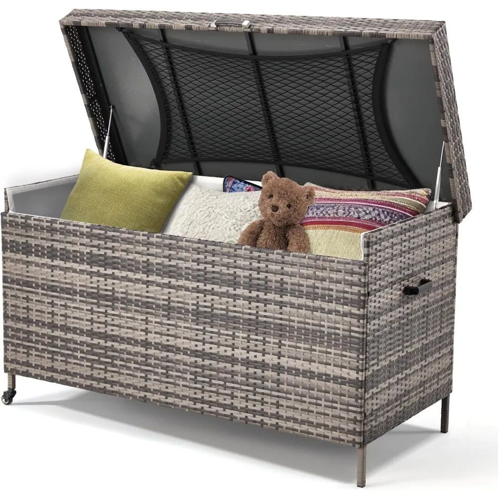 

240 gallon wicker deck box, outdoor storage box with portable wheels and handles, garden terrace rattan container