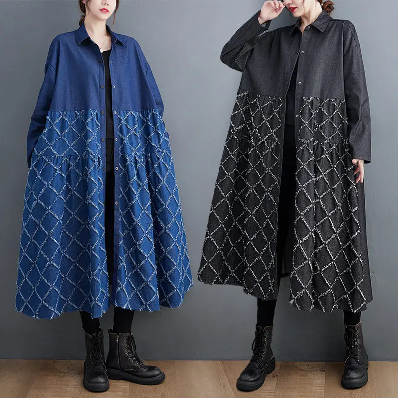 

Long Autumn Coat 2022 Loose Large Size Retro Three-Dimensional Fringed Plaid Single-Row Hidden Button Denim Dress Jacket T224
