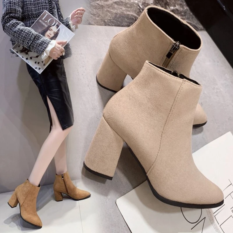 2026 Winter Casual Simple Women Boots Round Toe Chunky Heel Slip On Solid Ankle Boots Mid Heel Leather/suede Large Size Boots