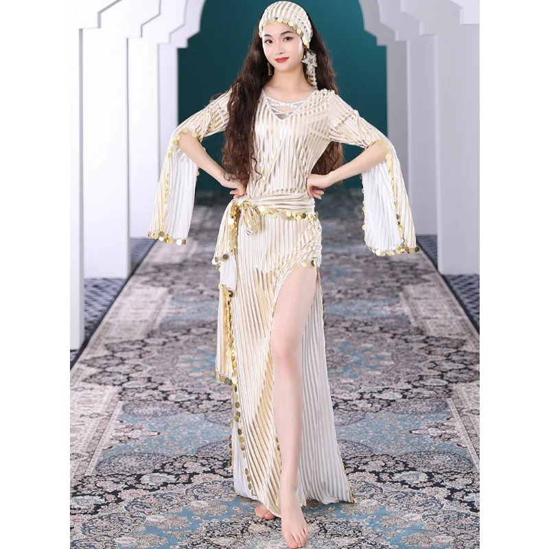Customized Belly Dance Costumes Hot Gold Sequin Robe Baladi Folk Custom Saidi Rattan Cane Oriental Dance Robe+Headscarf+Belt
