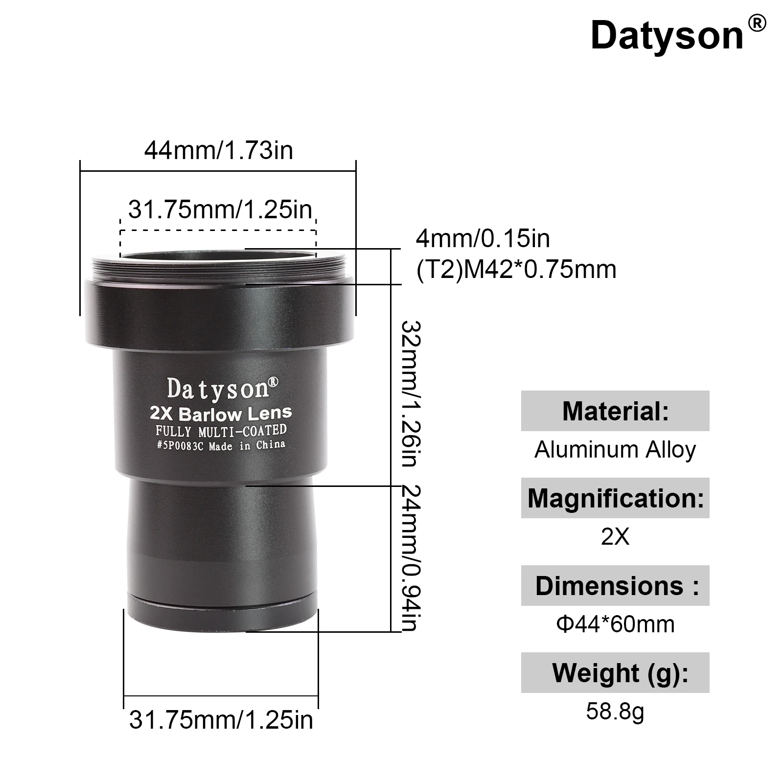Datyson 5P0083BCD 1.25 بوصة 2x/3x/5x تلسكوب فلكي عدسة بارلو معدنية لمراقبة الكواكب المهنية