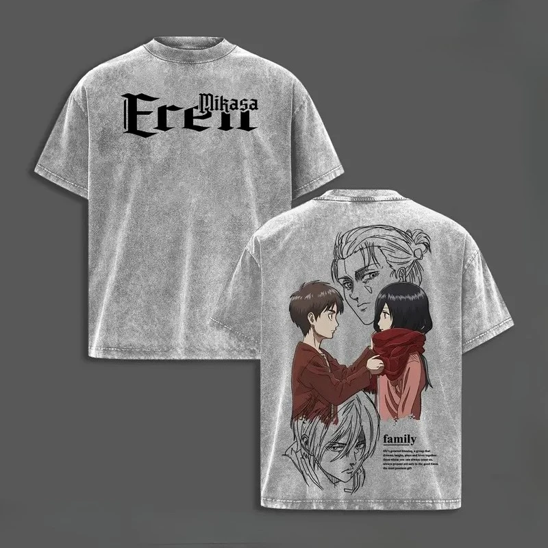Eren Jaeger Mikasa Print T-shirt Anime Attack On Titan Clothing Men Women Cotton Tshirts Retro Washed T Shirt Harajuku Male Tops