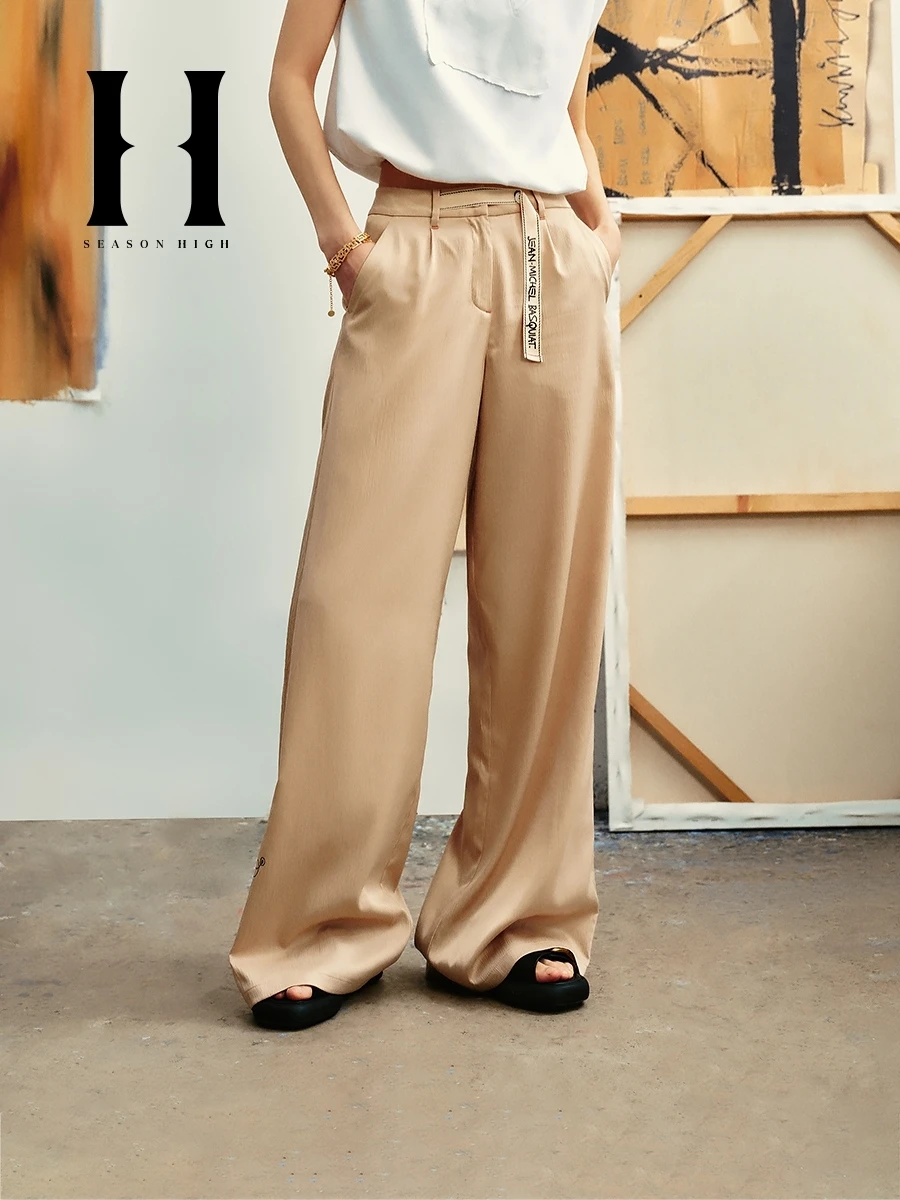 Pantalones Casuales Cómodos con Estampado Colaborativo BSQ, Dobladillo de una Sola Cara, SEASON HIGH, Pantalones Anchos de Corte Holgado para Mujer, Fibra de Poliéster