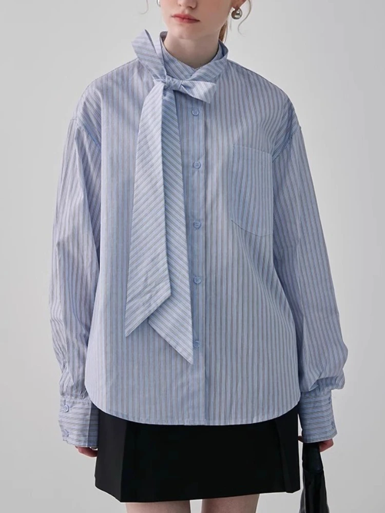 

Korean Elegant Blouses Striped Lace-up Pockets Long Sleeve Shirts Fashion Loose All Match Tops 2025 New Design Women Clothing