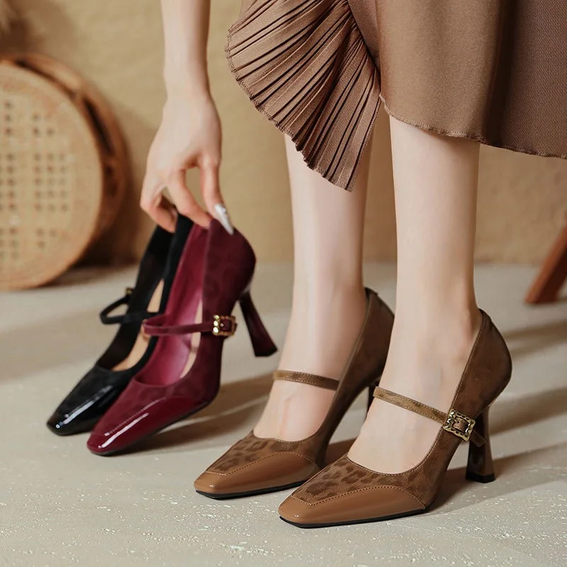 Thin Heels Shoes Closed Toe Fashion Sexy Heel Shoess Square Toe Women Footwear Lady Pumps Sexy Leopard Evening Shoes S060