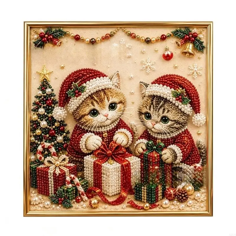 Holiday Cats Pearls Art Craft Kits for Adult, 20X20Cm DIY Bead Painting Wall Decors for Christmas and Seasonal Craft Time, A2UB
