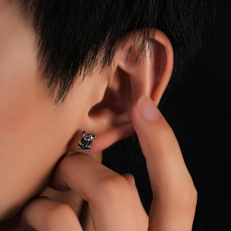 3D X Eyes Sitting Bear Stainless Steel Stud Earrings Cute Gothic Punk Unisex Hip Hop Daily Ear Accessory for Guys