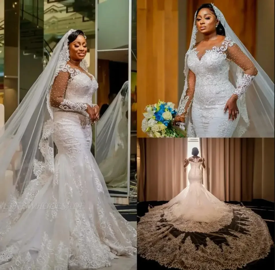 Customized Luxury Lace Mermaid Wedding Dresses Chapel Train Sheer Long Sleeves Pearl Beaded African Plus Size Bridal Gowns