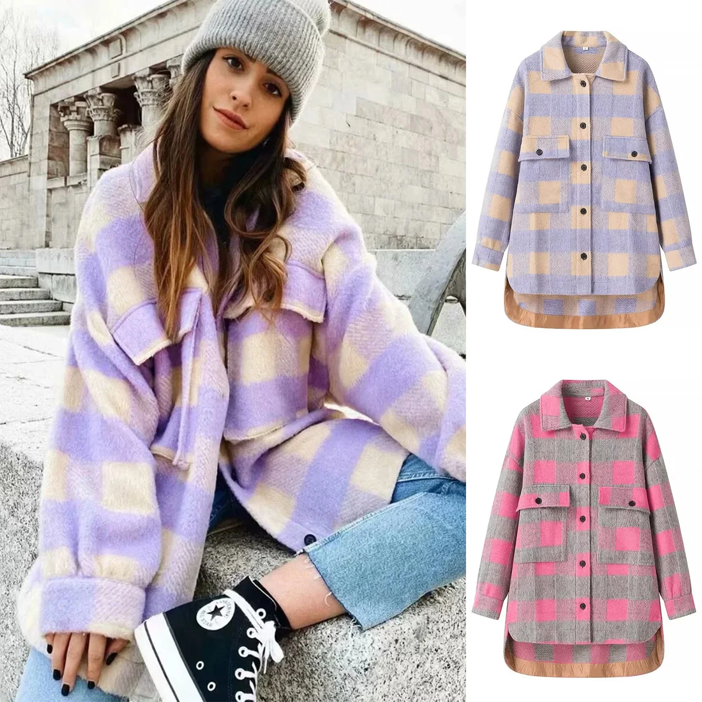 

Новое зимнее женское простое длинное свободное пальто на одной пуговице, классический клетчатый дизайн, полиэфирное волокно