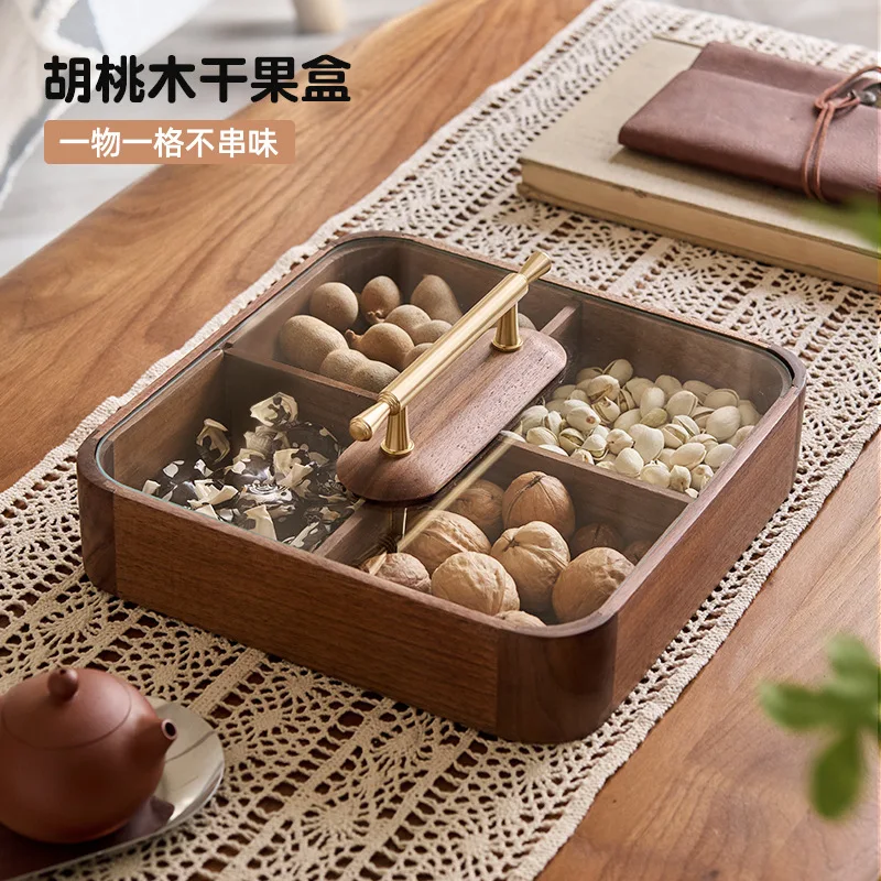 

Suitable for Solid wood dried fruit plate New Chinese-style living room household compartment with cover New Year's fruit box Nu