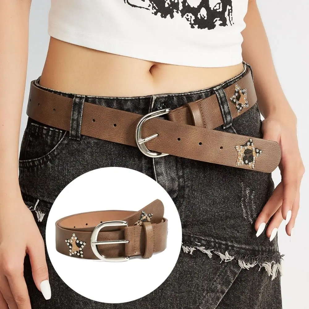 جديد ريترو الهيب هوب حزام الخماسي عنصر البني بولي Leather حزام جلد حجر الراين الديكور دبوس مشبك حزام ملابس الشارع