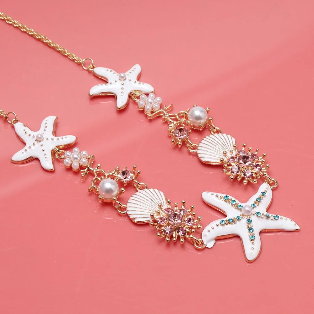 Ожерелье из ракушек морской звезды из сплава со стразами и жемчугом, богемное ожерелье из ракушек, ювелирные изделия, регулируемые