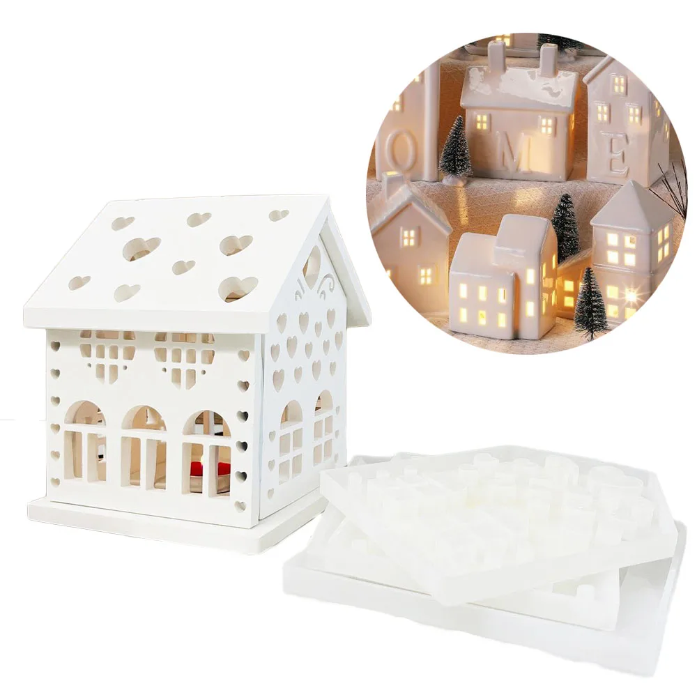 

Gypsum House Candle Holder Silicone Mold, Resin Concrete Cement Mold for Assemble House Candlestick with Children,DIY Home Decor