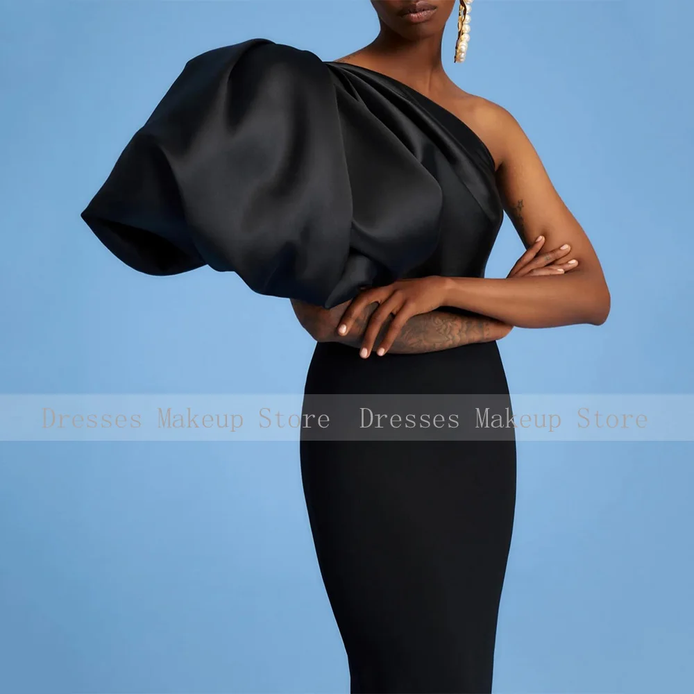 Spalte Abendkleider Schwarz One Shoulder Puffärmel Elegante formelle Kleider für Frauen 2025, hinten geteiltes Etui-Abendkleid lang