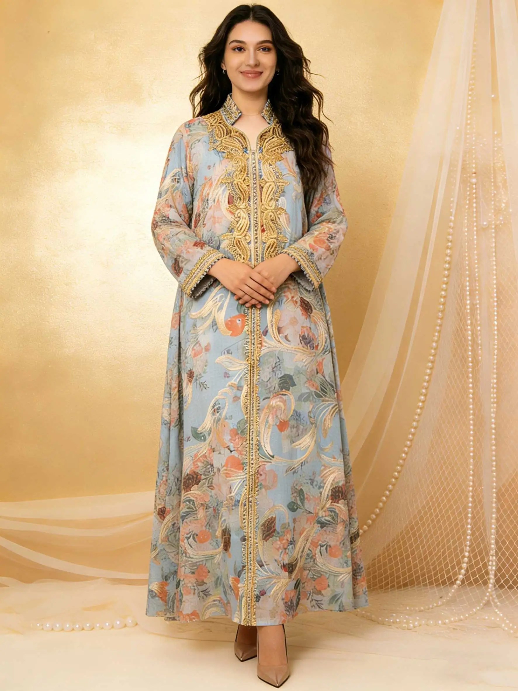 

Ramadan Islamic Modest Abaya Dress for Women Floral Print with Gold Embroidery Morocco Casual Stand Collar Long Robe Elegant New