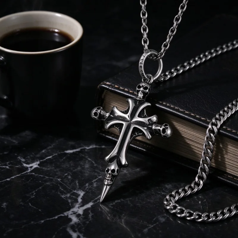 Ornate Vintage Gothic Cross Pendant, Antique Metal Punk Carved Charm, Unisex Fashion Statement Jewelry, Street Style Accessory for Party Daily Use, Great Gift for Rock Music Fans and Gothic Jewelry Collectors