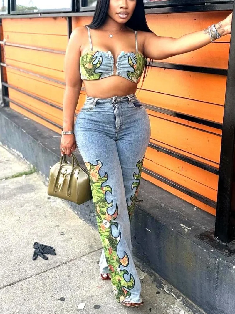 Streetwear Stickerei Denim Spaghetti Strap Weste Top Gerade Jeans Hose Sets Weibliche Casual Denim Hosen 2-teiliges Set Frauen Outfit