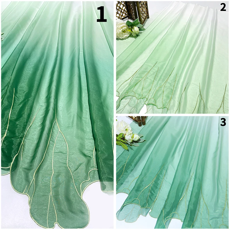 

1M Chinese Style Gradient Chiffon Fabric Green Lotus Leaf Embroidery Fabric For DIY Sewing Hanfu Dress Antique Dance Costume