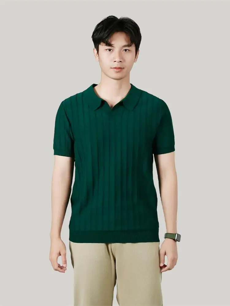 

Knitted Viscose Polyester Mens Polo Shirt Short Sleeved V-Neck Summer Quality Coolness Stretchy Casual Striped Camisas De Hombre