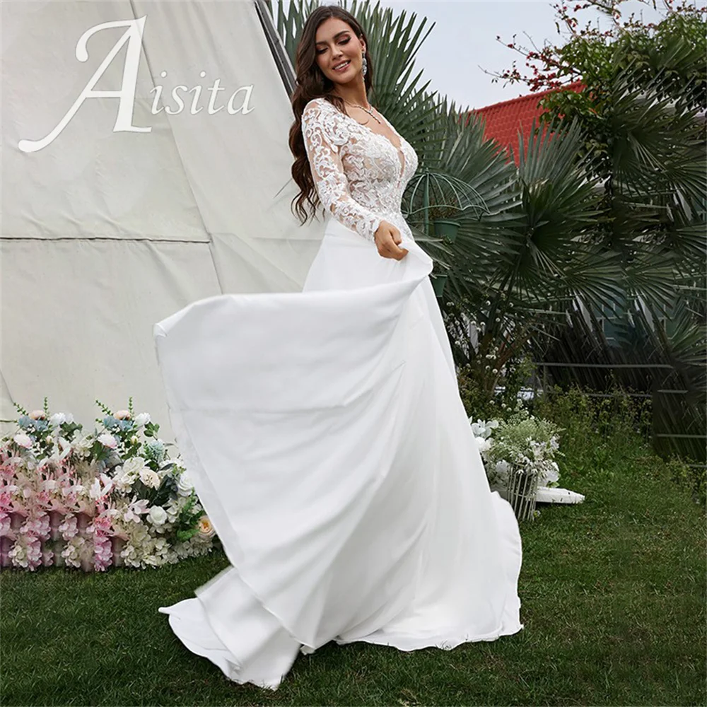 Princess A-line Bride Dresses V Neck Long Sleeves Sweep Train Chiffon Wedding Dresses For Woman Wedding Dress Vestidos De Novia