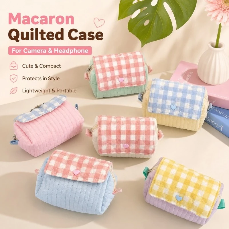 Macaron Quilted Camera Bag Contrast Flip Cover Portable Case for CCD Headphone Storage