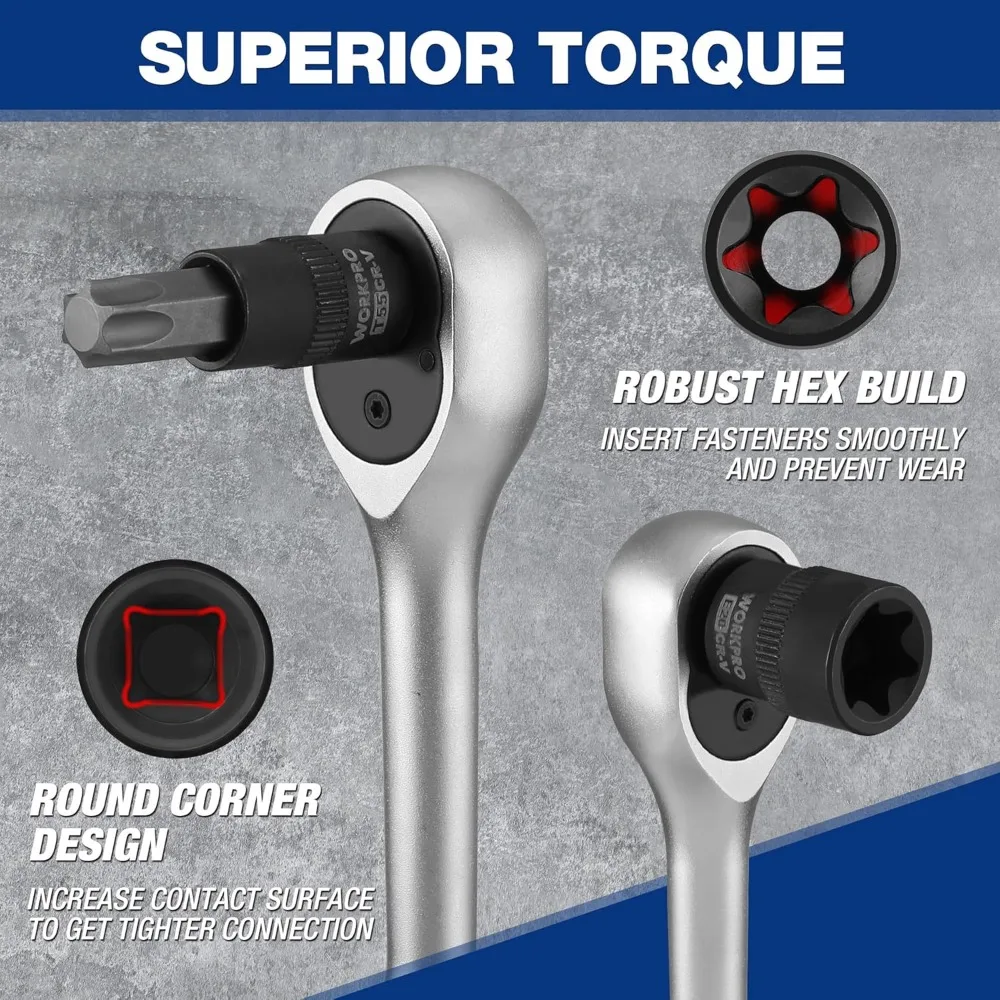 Conjunto de soquete torx de 60 peças com pontas de acionamento de 1/4", 3/8", 1/2", soquetes E4-E24, T6-T70, TT6-TT70, TP8-TP60 em aço durável