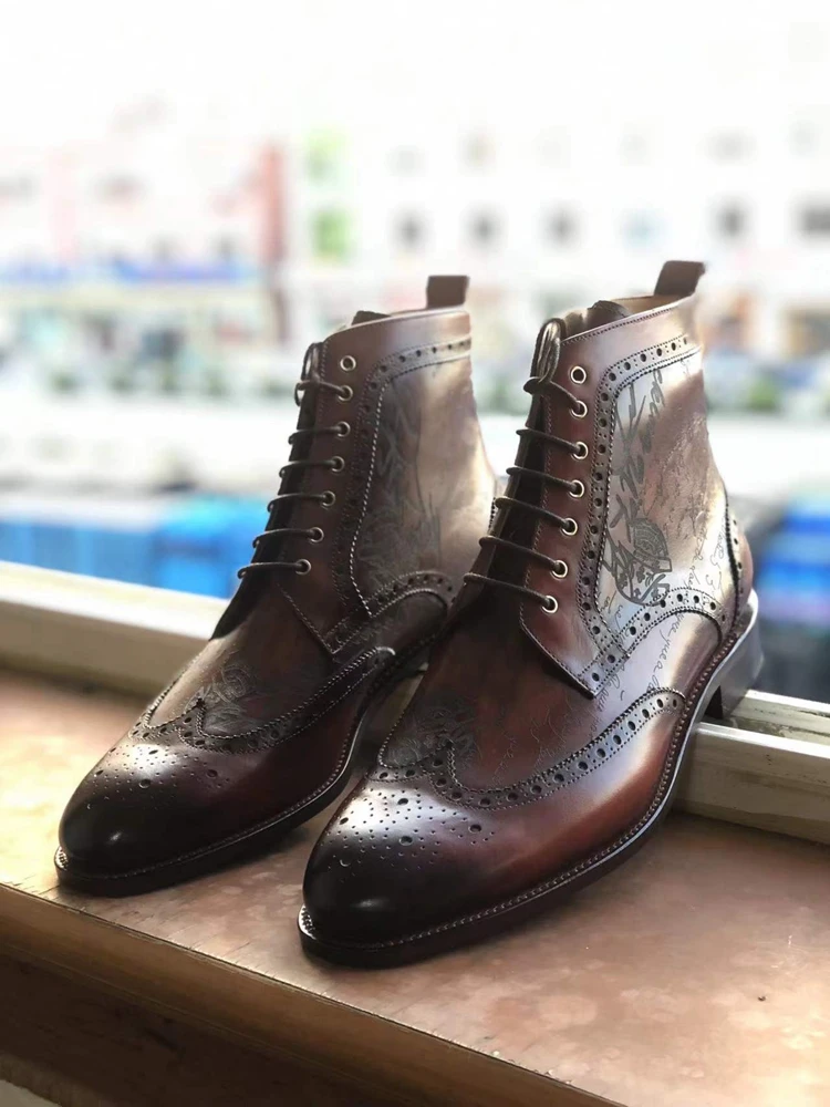 cie Laser Design Boot Hand-Painted Full Grain Calf Leather Patina Redish-Brown Handmade Leather Out-sole Ankle Boots MA10