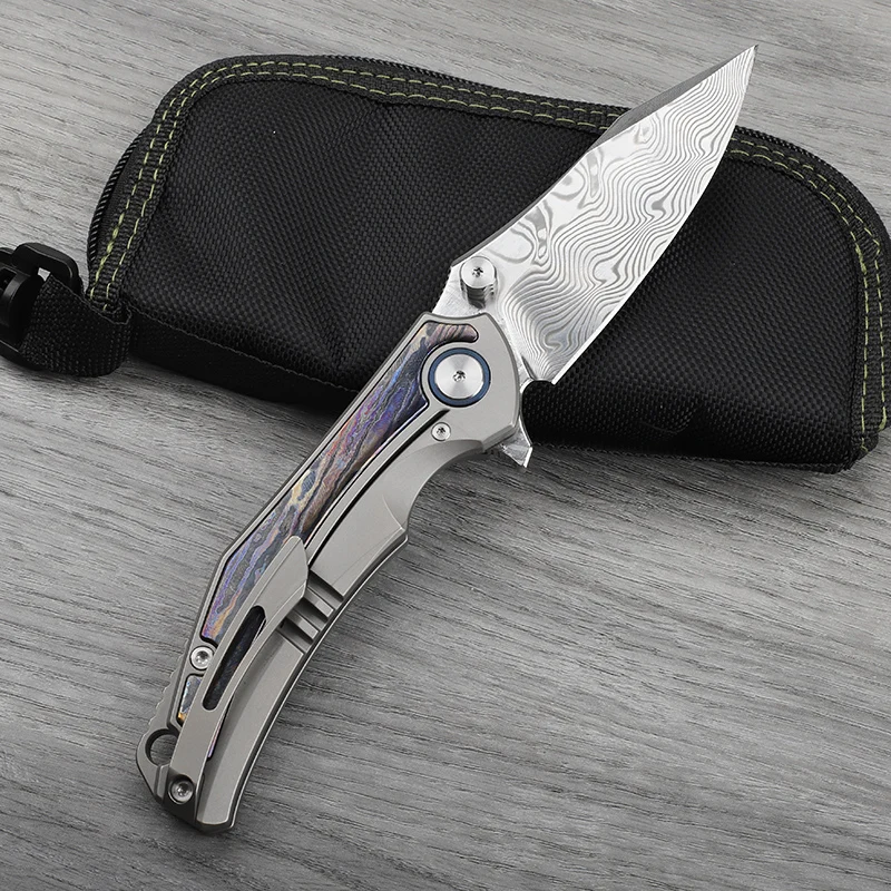 

RWL34 Steel Core Damascus Steel Blade Titanium Alloy Inlaid Zirconia Horse Handle Folding Knife Outdoor Camping Survival Tool