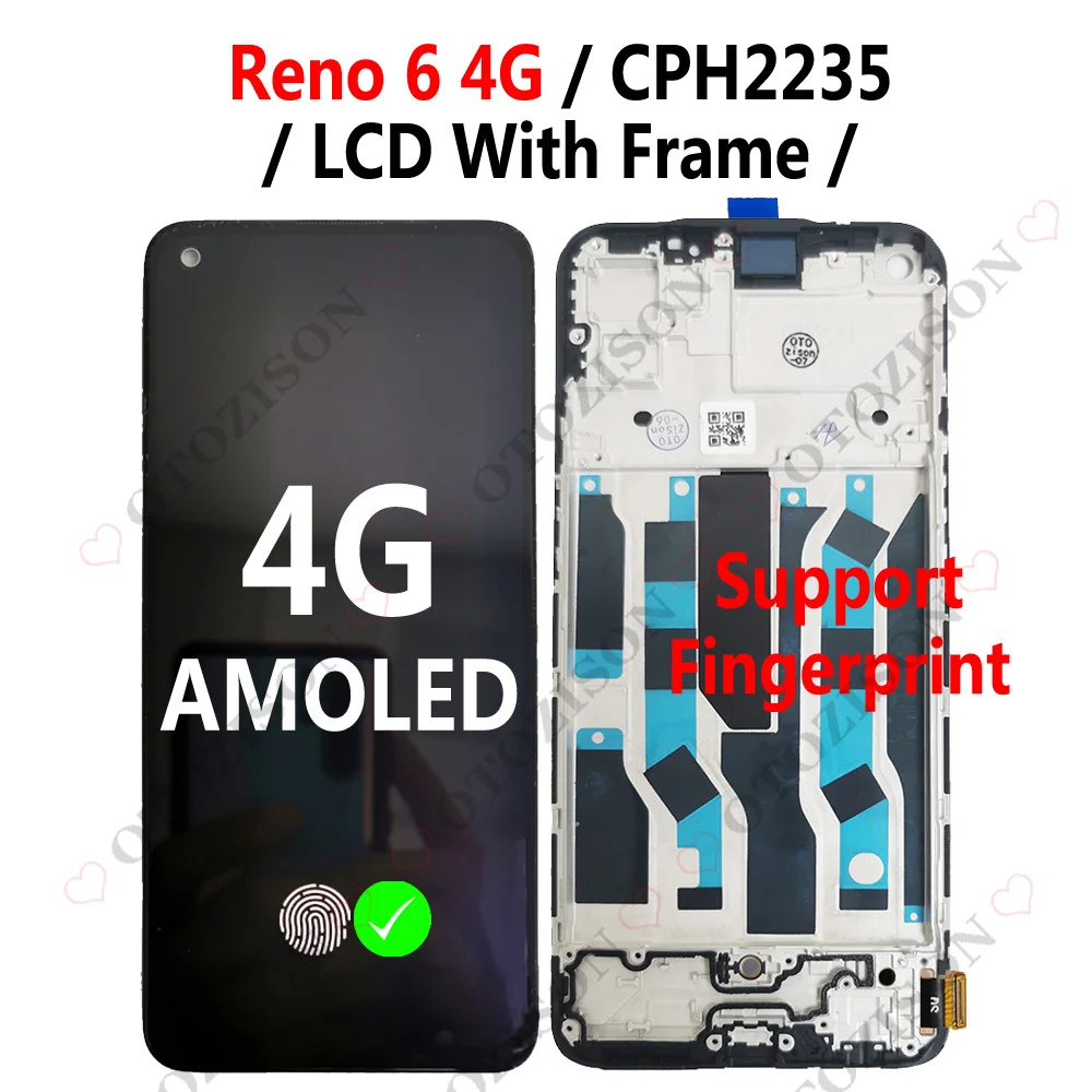 Display For OPPO Reno 6 LCD 5G CPH2251 4G CPH2235 Touch Screen With Frame Sensor Digitizer Assembly Reno6 PEQM00 LCD Replacement