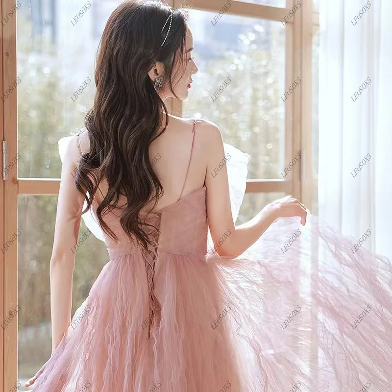 Fairy Pink Prom Dress Engagement Gowns Big Bow A Line Tulle France Vintage Sweet Korean Princess Fairy Dress Evening Party Dress